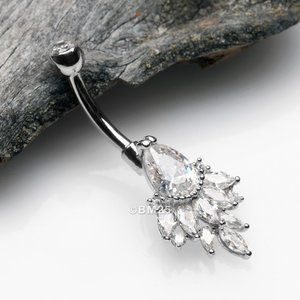 14 Karat White Gold Luscious Floral Sparkle Teardrop Belly Button Ring